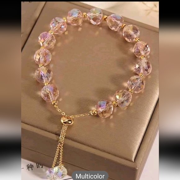 Crystal Decor Beaded Bracelet 6in to 10in adjustable Goldtone - Picture 3 of 4